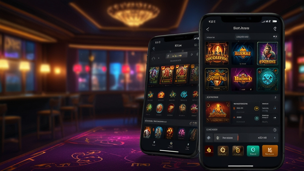 Smartphone zeigt Lobby, Filter und Kasse der Casino-App im dunklen Design