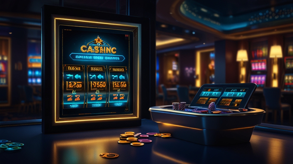 Zahlungsübersicht mit Casino-Monitor und Auszahlungsoptionen im Dunkeln